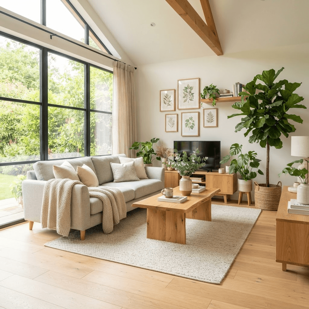 Freshly cleaned bright living room with a spotless fabric sofa