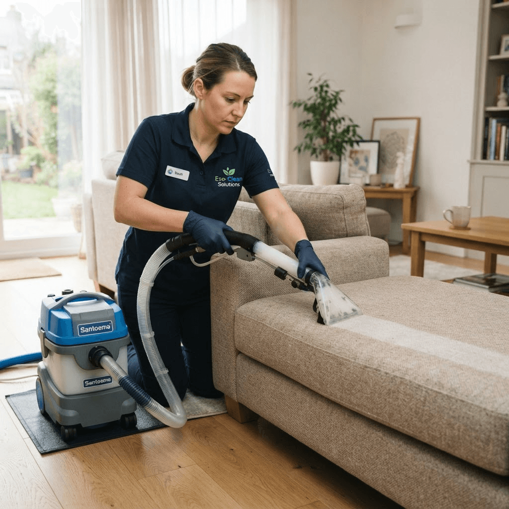 Fabric Magic technician deep-cleaning a fabric sofa with an extraction machine